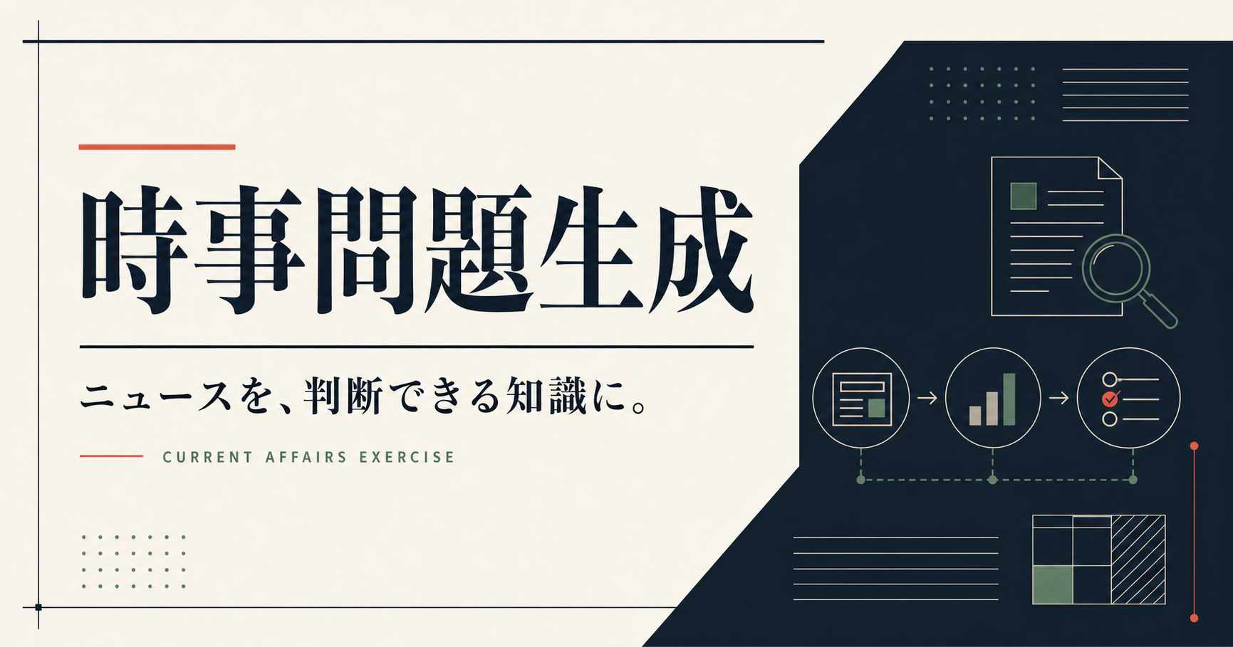時事問題生成アプリのタイトルと、調査から問題作成までの流れ