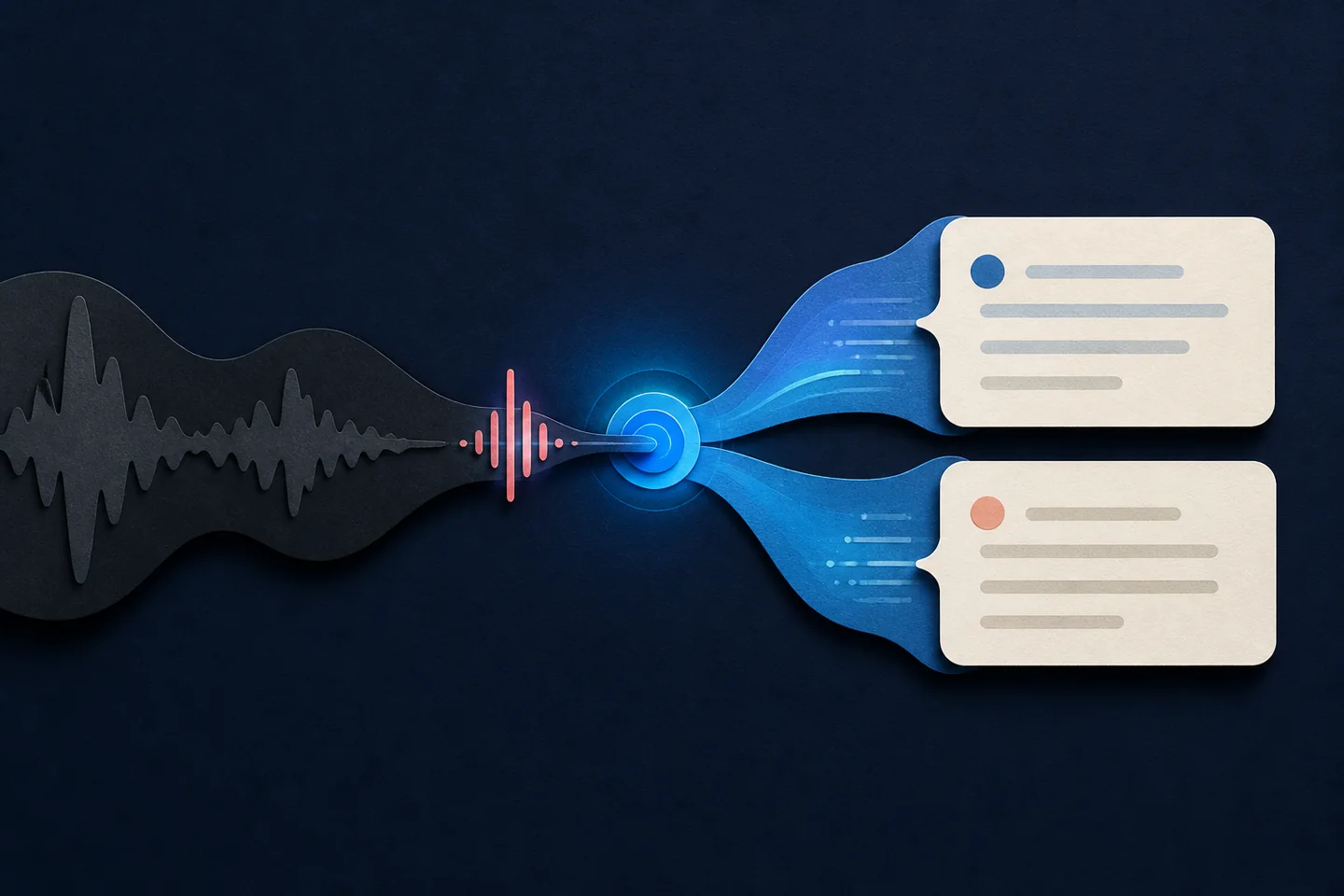 音声の波が二つの翻訳字幕へ変わるダークブルーの紙のコラージュ